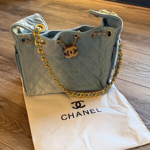 Chanel 25 Light Blue denim Jean Quilted Bag with Gold Chain look a like